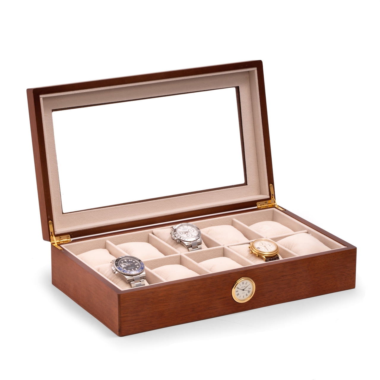 Bey Berk Cherry Wood Ten Watch Box w/ Quartz Movement Clock