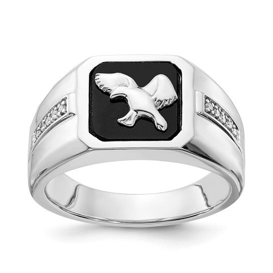 10K White Gold Polished Onyx & Diamond Eagle Mens' Ring
