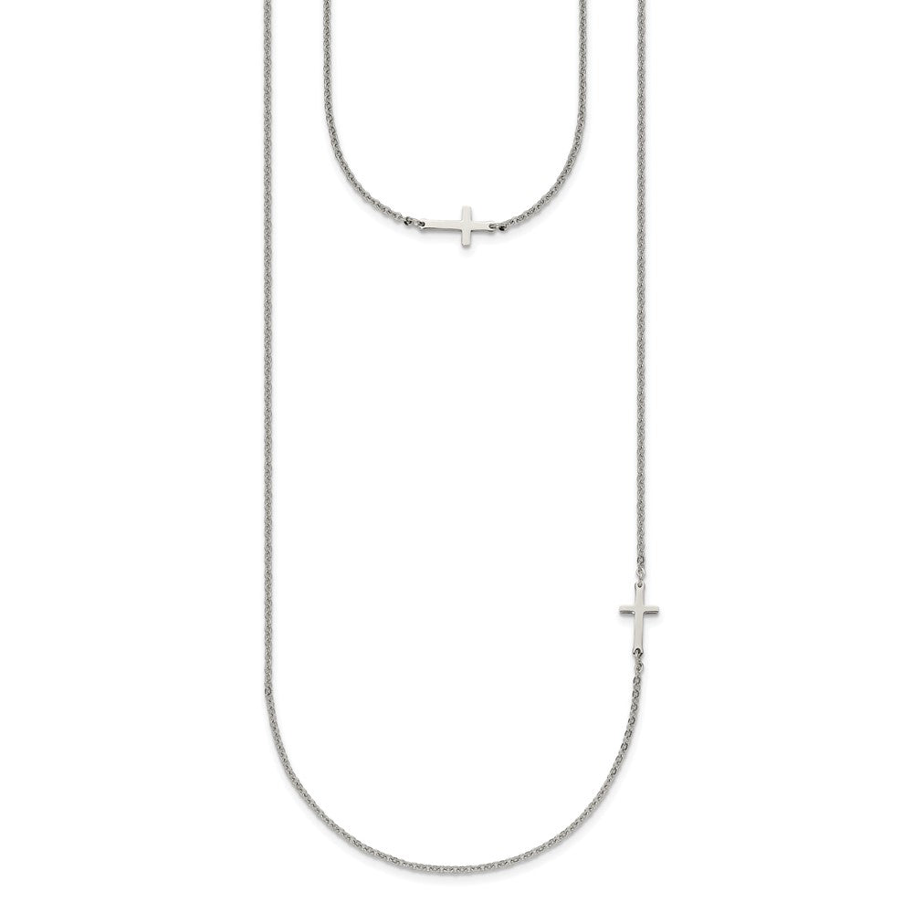 Stainless Steel Layered Sideways Cross 18in Necklace