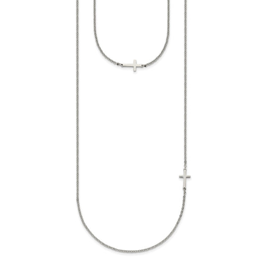 Stainless Steel Layered Sideways Cross 18in Necklace