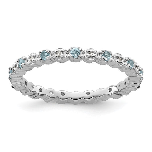 Sterling Silver Stackable Expressions Aquamarine & Diamond Ring Size -7