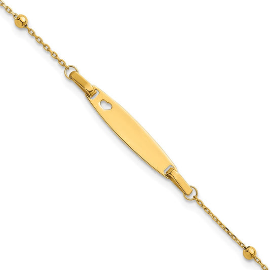 14K Polished Beaded Cut-out Heart 24x4.7mm Plate 5 inch Baby/Child ID Bracelet with 1 inch Extender