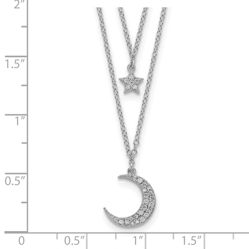 Sterling Silver Rhod-pltd CZ Star and Moon 2in ext 2-strand Necklace 16 Inches