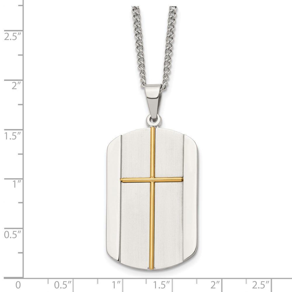 Stainless Steel Brushed and Polished Yellow IP-plated Cross 22in Necklace