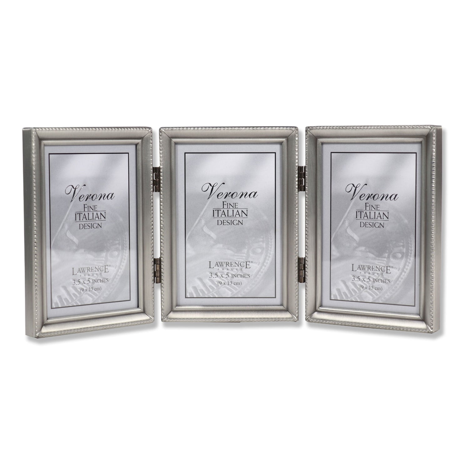 Antique Pewter Hinged Triple 3.5x5 Picture Frame - Beaded Edge Design