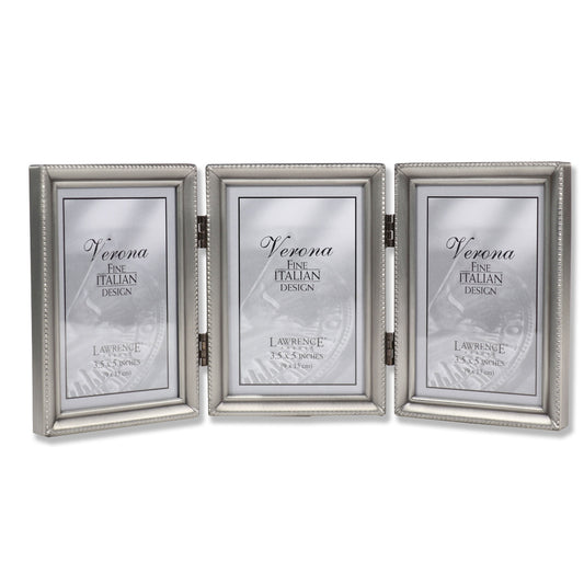Antique Pewter Hinged Triple 3.5x5 Picture Frame - Beaded Edge Design