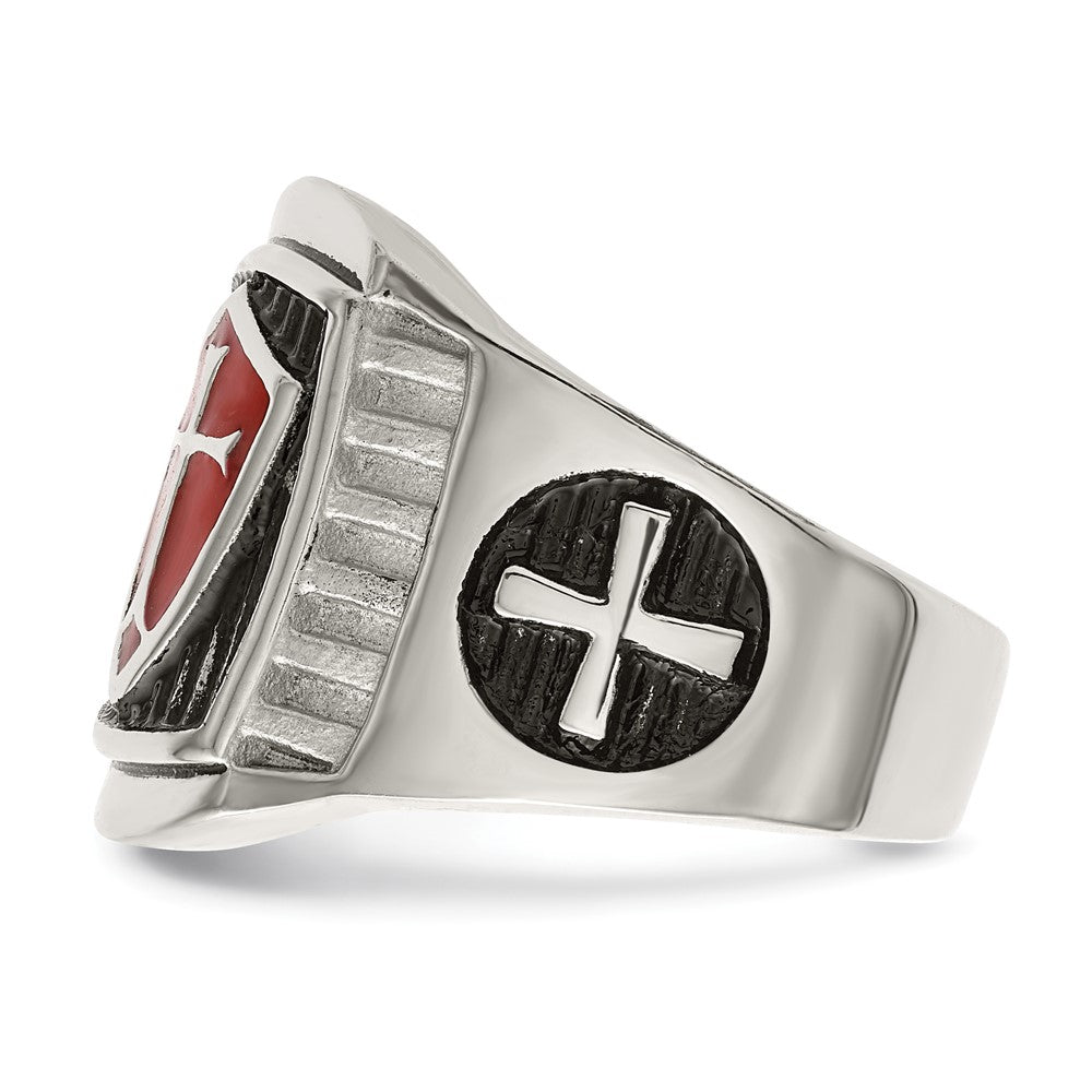 Stainless Steel Antiqued and Polished w/Red Enamel Cross/Shield Ring Size - 9
