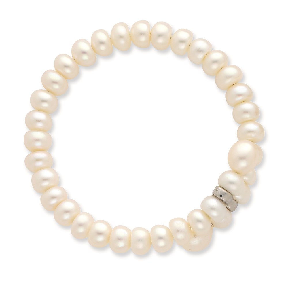 Sterling Silver Rhodium-plated 6-8mm White Button and Rice Freshwater Cultured Pearl Flexible 7.5 inch Bracelet 7.5 inches