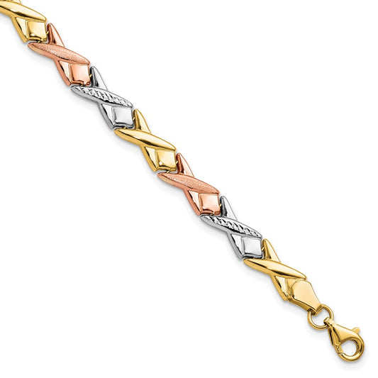 10k Tri-color Polished / Brushed and Diamond-cut  Bracelet 7.5  inches