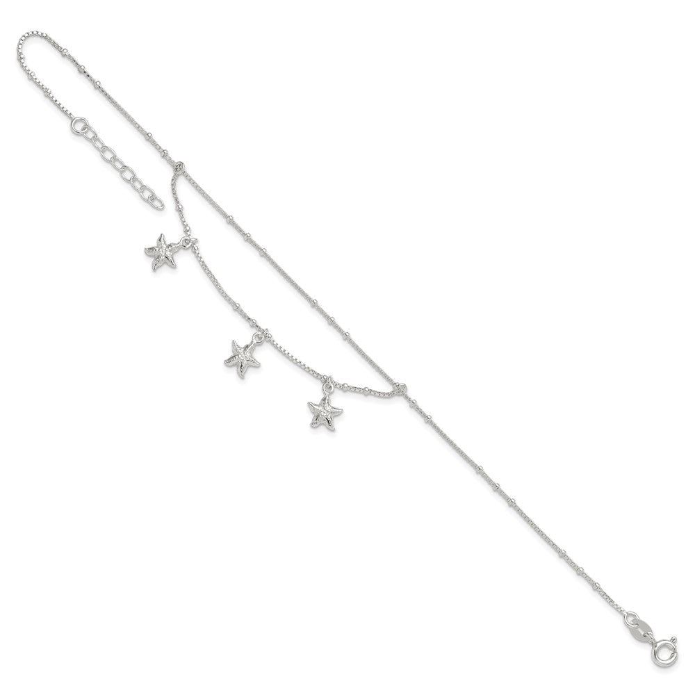 Sterling Silver Polished 2-Strand Starfish 9in Plus 1in Ext Anklet 9 inches