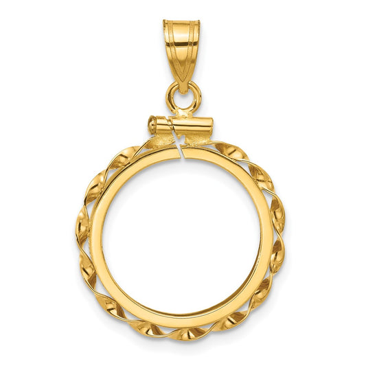 Wideband Distinguished Coin Jewelry 14k Polished Hand Twisted Ribbon 17.8mm x 1.35mm Screw Top Coin Bezel Pendant