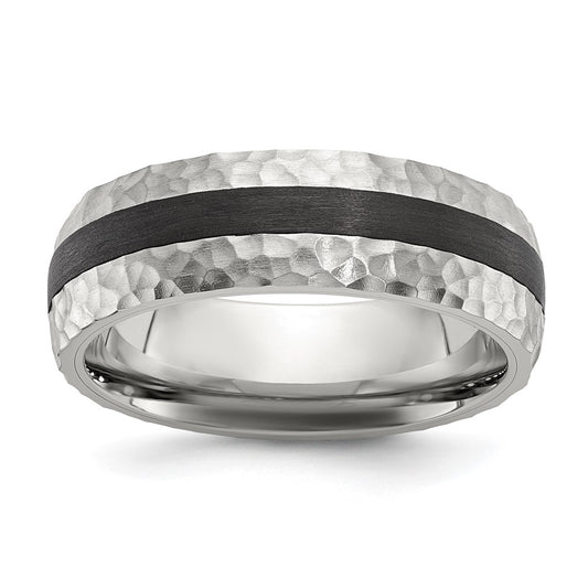 Chisel Stainless Steel Brushed and Hammered Black Carbon Fiber Inlay 7mm Band Size - 10