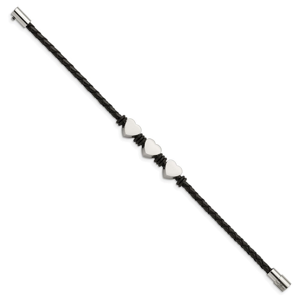 Stainless Steel Black Leather w/Polished Hearts 7.5in Bracelet 7.25 inches