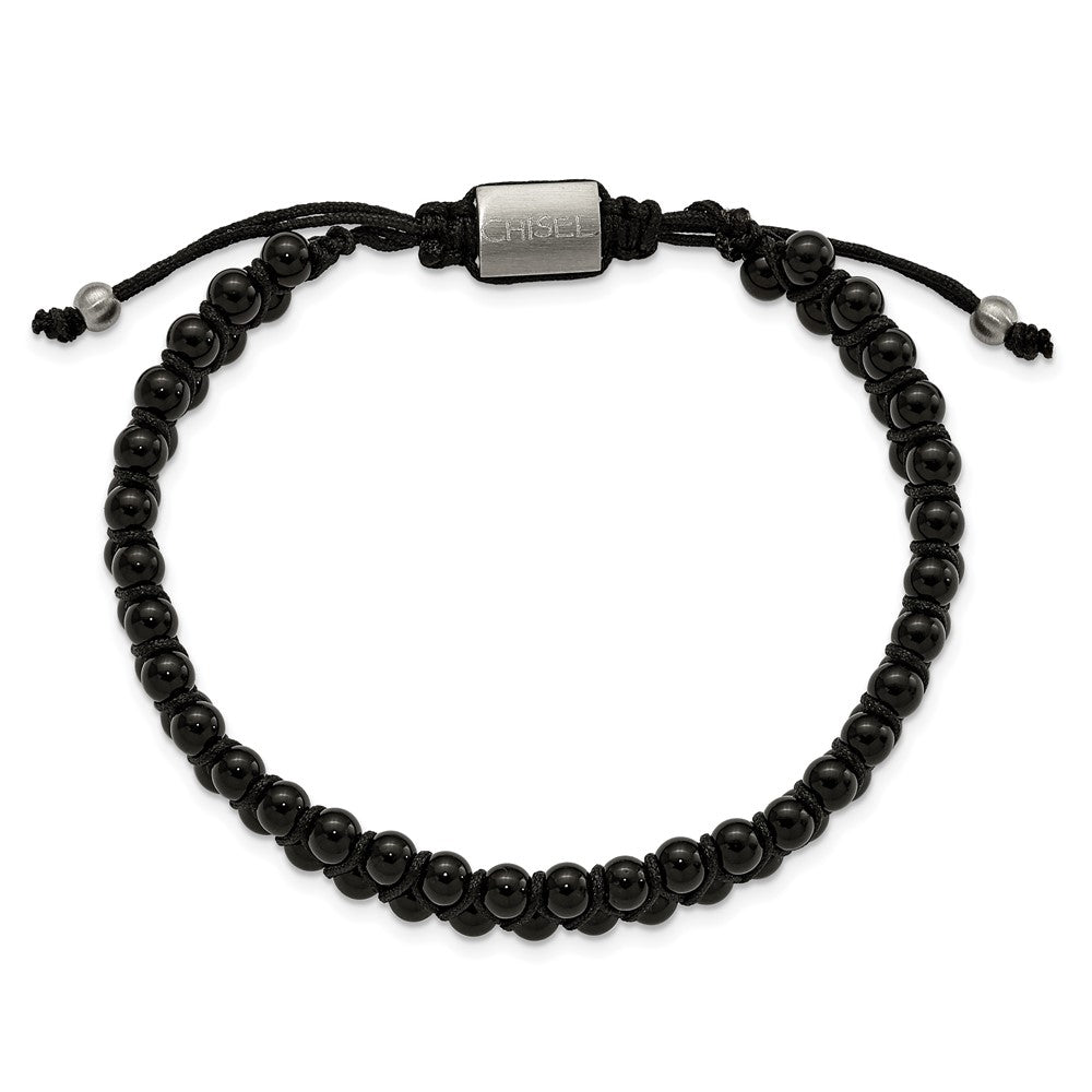 Stainless Steel Brushed Black Agate Adjustable Bracelet 9.5 inches