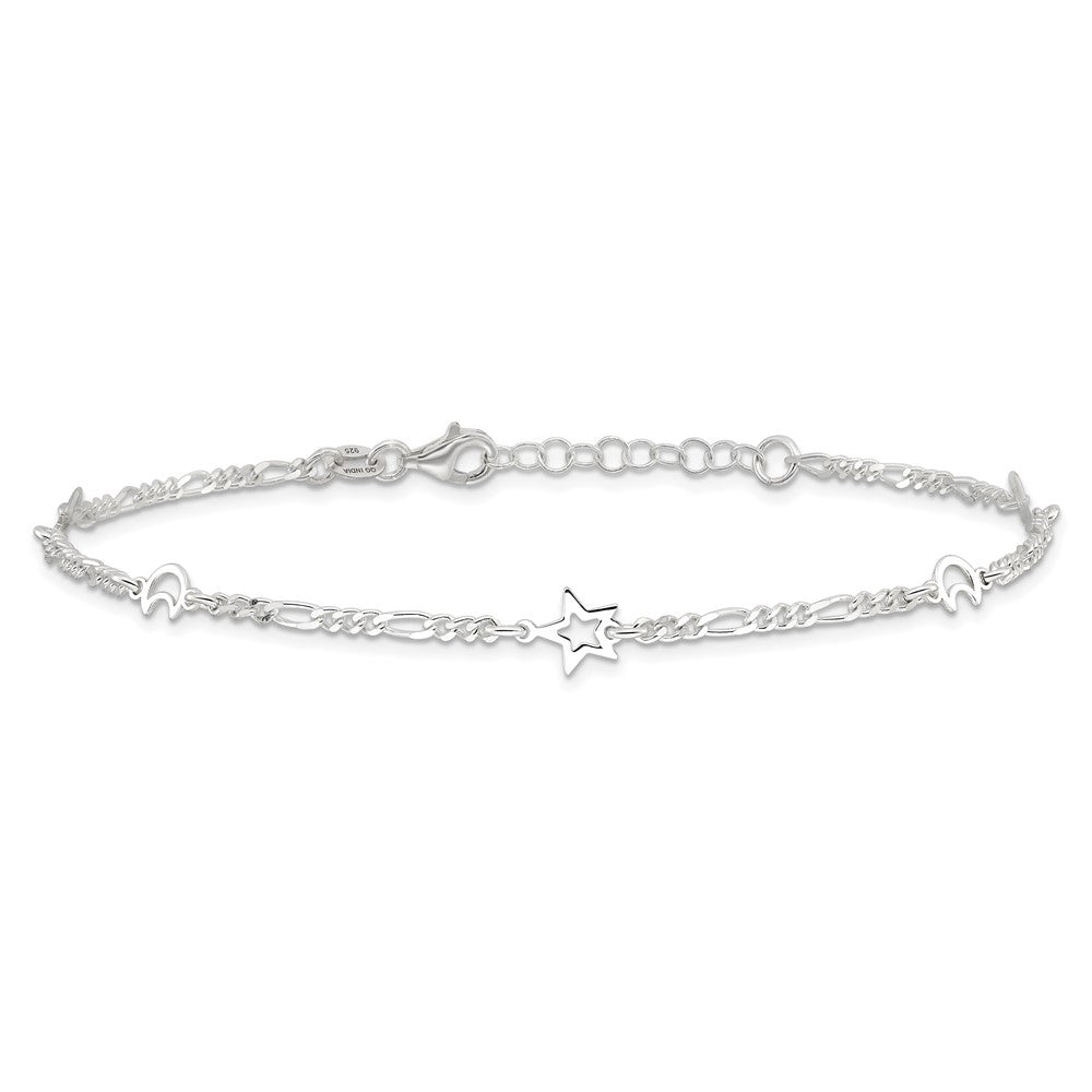 Sterling Silver Polished Moon and Star 9in Plus 1in Ext. Anklet 9 inches