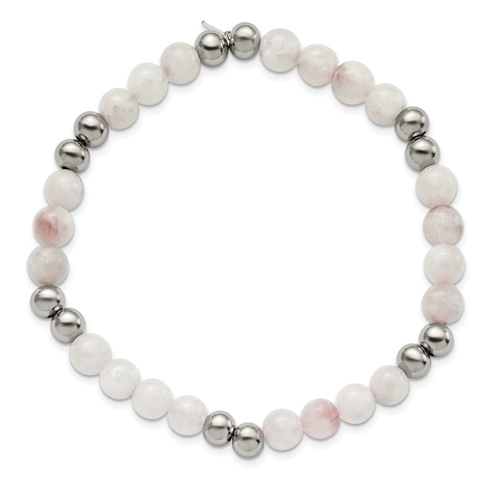 Stainless Steel Polished White Moonstone Beaded Stretch Bracelet