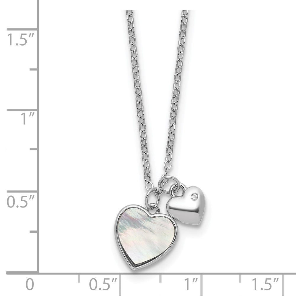 Sterling Silver Rhodium-plated Polished Mother of Pearl and CZ Hearts 14 Inch with 3 Inch Extension Children's Necklace 14 Inches