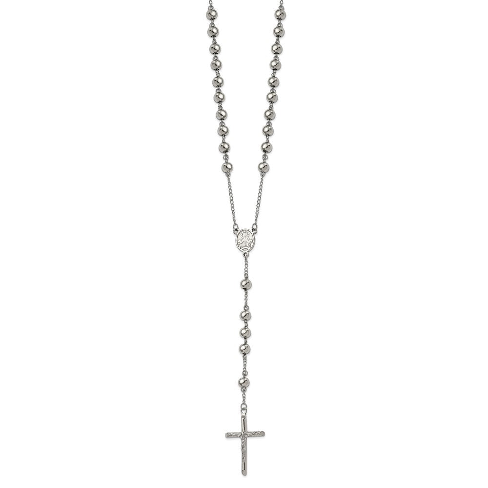 Stainless Steel Polished 8mm Beaded Rosary 32.5 inch Necklace