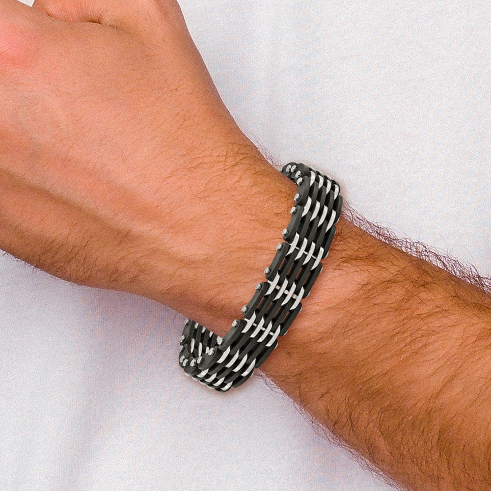 Stainless Steel Polished with Black Rubber 8.25in Bracelet 8.25 inches