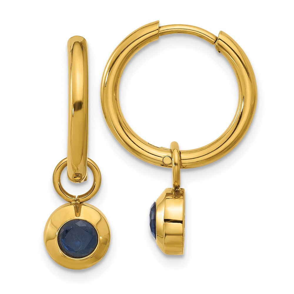 Chisel Stainless Steel Polished Yellow IP-plated with Removeable Blue CZ Dangle Hinged Hoop Earrings