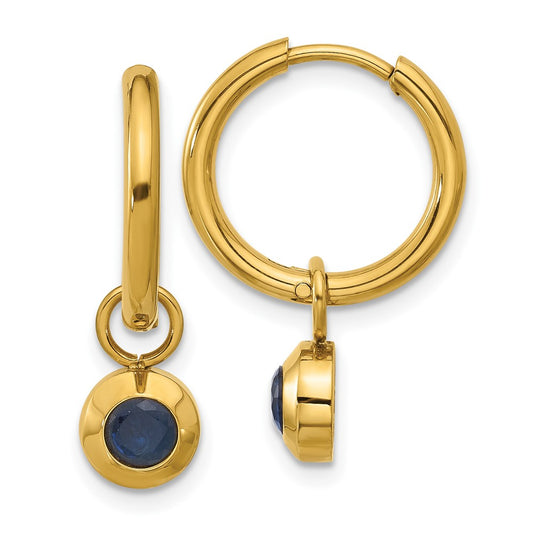 Chisel Stainless Steel Polished Yellow IP-plated with Removeable Blue CZ Dangle Hinged Hoop Earrings