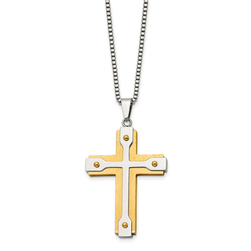Stainless Steel Brushed and Polished Yellow IP-plated Cross Necklace