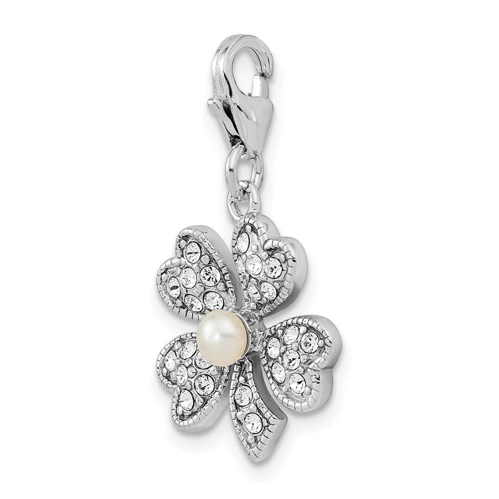 Amore La Vita Sterling Silver Rhodium-plated Polished Freshwater Cultured Pearl and Crystal Clover Charm with Fancy Lobster Clasp
