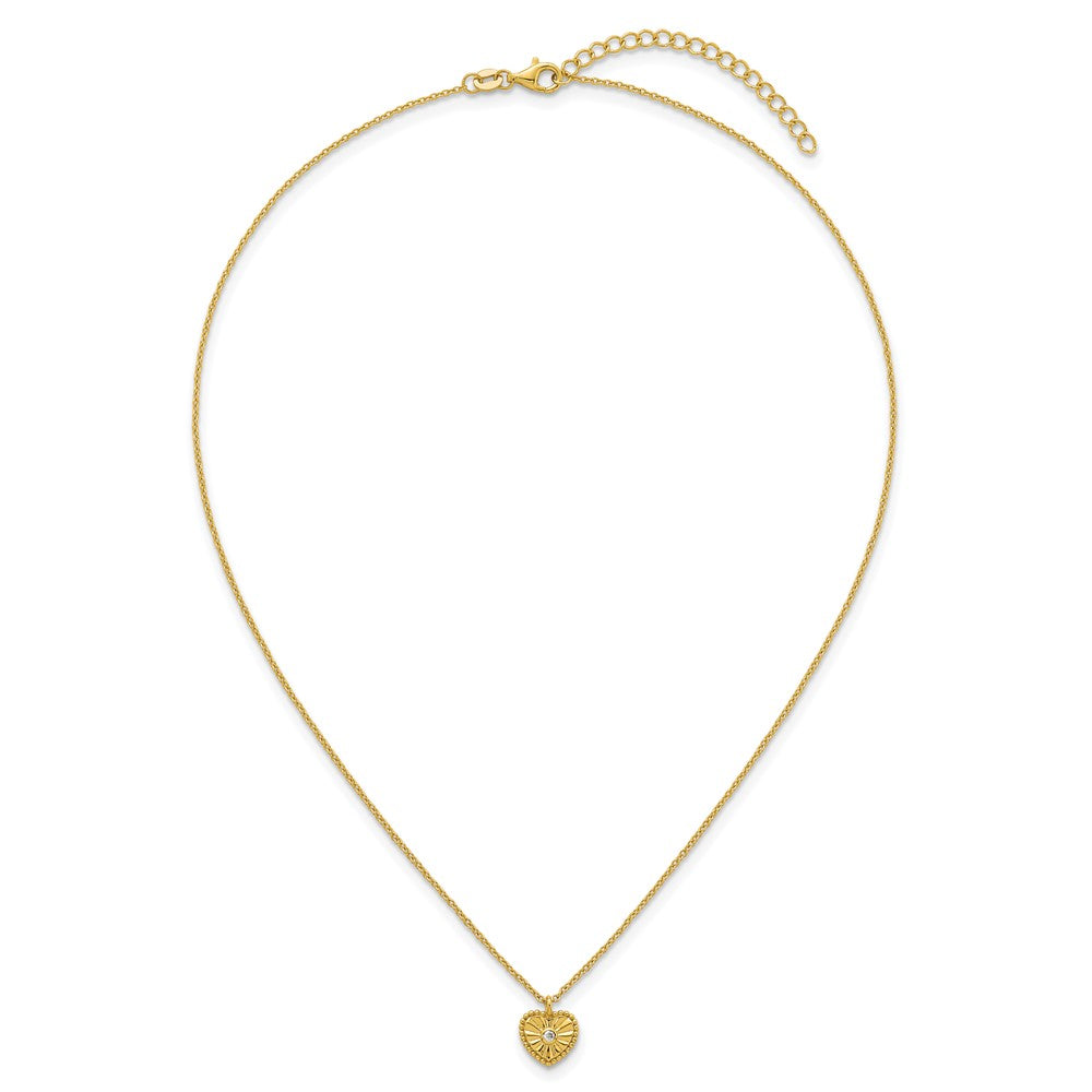 Sterling Silver Gold-tone Polished Beaded and Textured CZ Heart 16 Inch with 2 Inch Extension Necklace 16 Inches