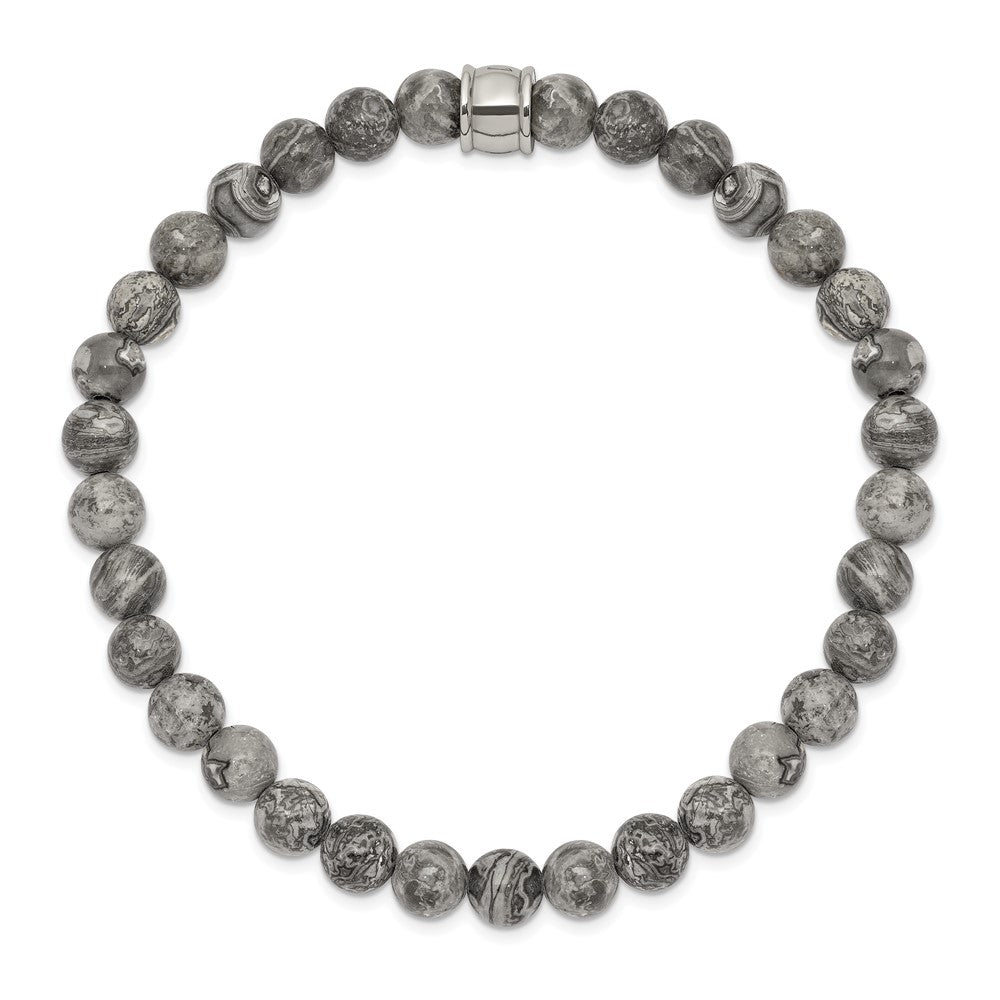 Stainless Steel Polished Grey Jasper Stretch Bracelet 7.25 inches