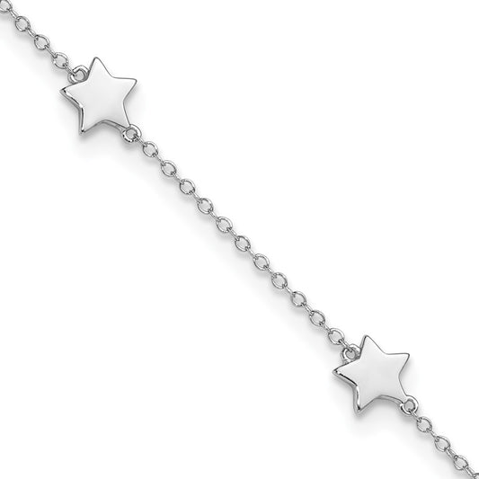 Sterling Silver Rhodium-Plated Stationed Star with 2in Ext. Anklet 8.5 inches