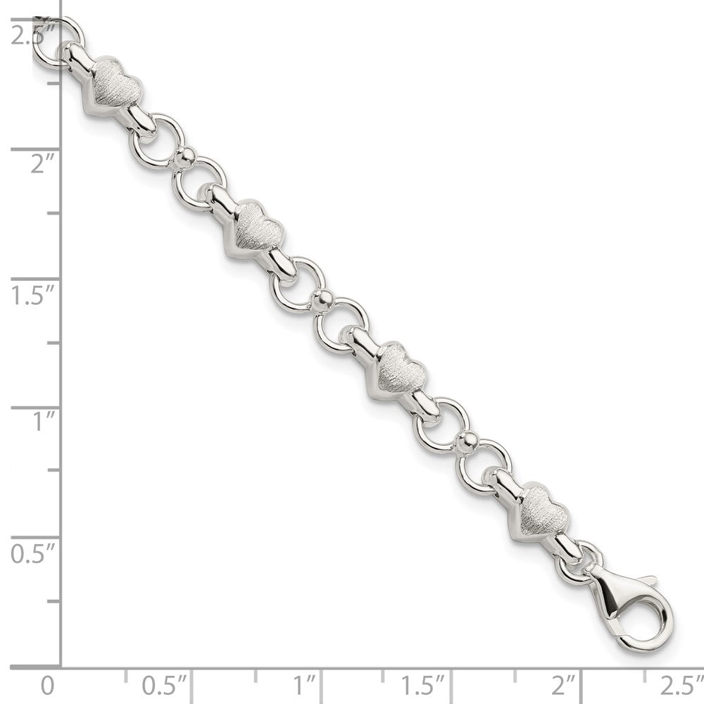 Sterling Silver Satin & Polished Heart Chain Bracelet 7.5 inches