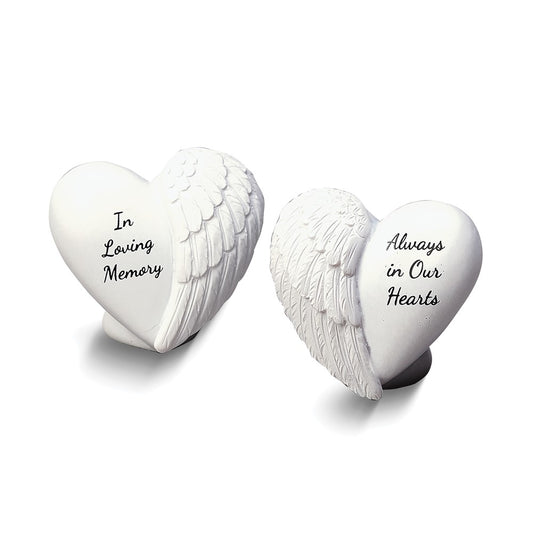 Set of 2 IN LOVING MEMORY and ALWAYS IN OUR HEARTS Standing Winged Heart Figurines