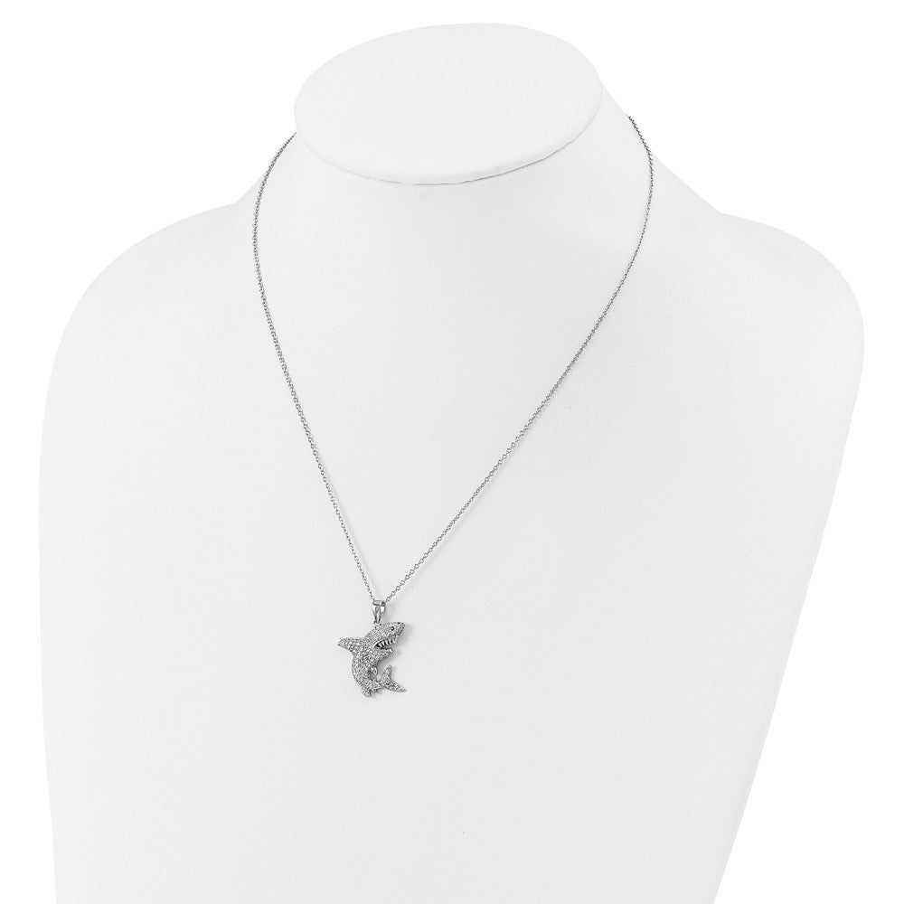 Cheryl M Sterling Silver Rhodium-plated Polished Lab Created Black Spinel and CZ Shark with 2 Inch Extension Necklace 18 Inches