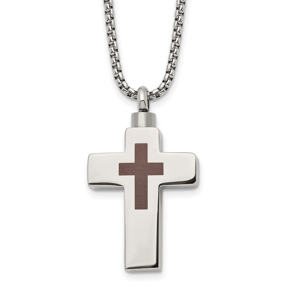 Stainless Steel Polished Lasered Cross Ash Holder 24in Necklace