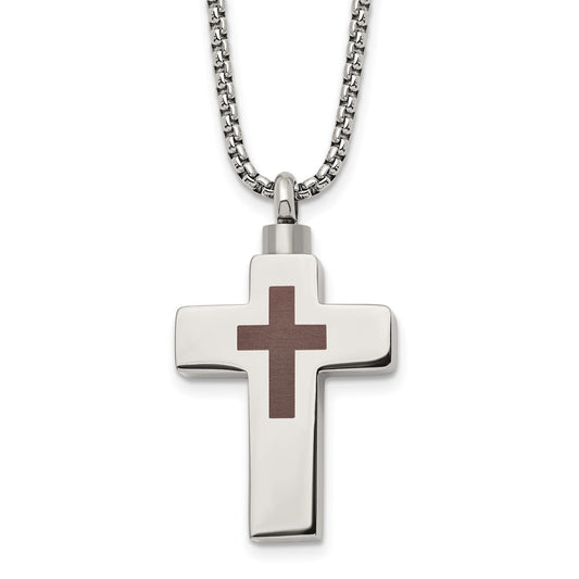 Stainless Steel Polished Lasered Cross Ash Holder 24in Necklace
