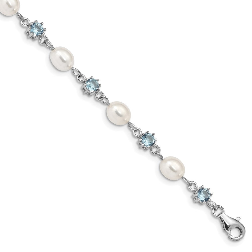 Sterling Silver Rhodium Blue CZ FW Cultured Pearl Bracelet 7 inches