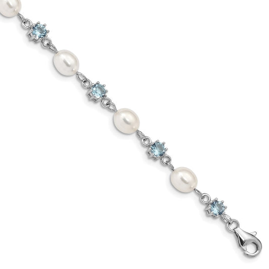 Sterling Silver Rhodium Blue CZ FW Cultured Pearl Bracelet 7 inches