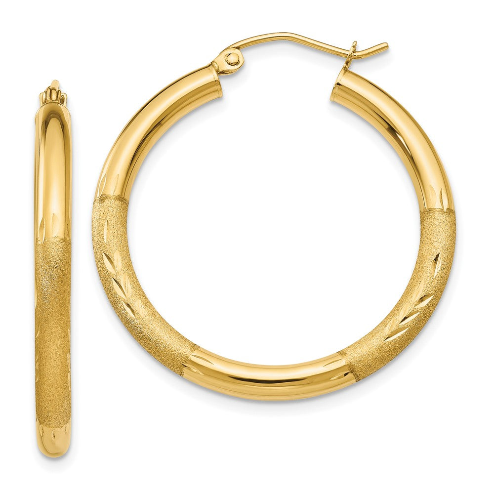 10k Satin & Diamond-cut 3mm Round Hoop Earrings