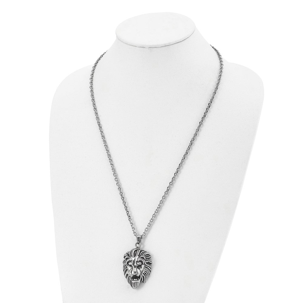 Stainless Steel Antiqued and Polished Lion Head 24in Necklace
