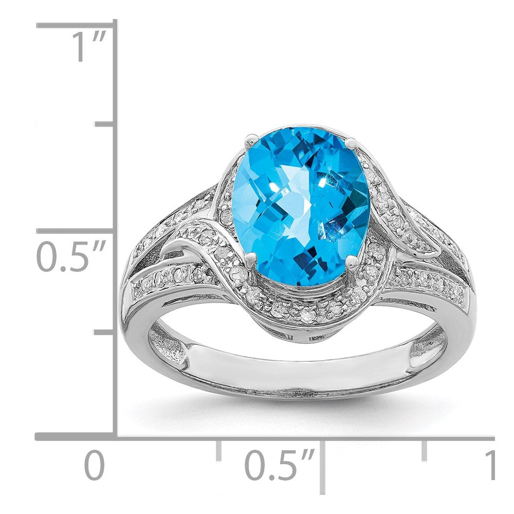 Sterling Silver Rhodium Diam. & Oval Checker-Cut Blue Topaz Ring
