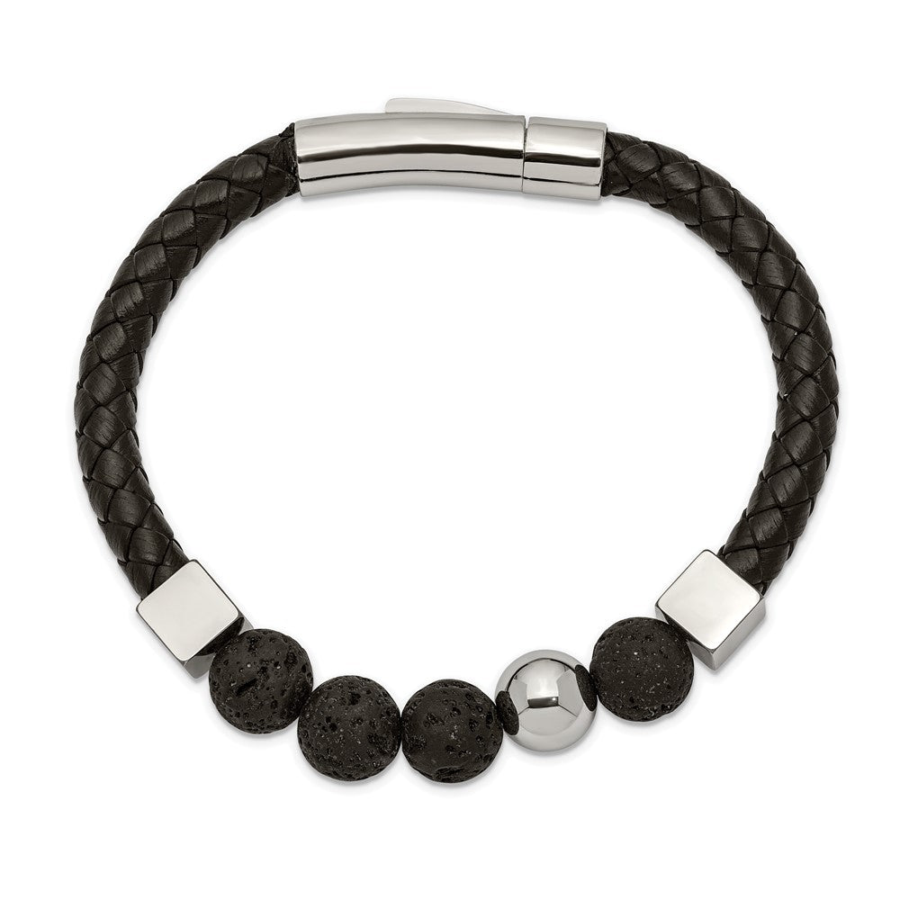 Stainless Steel Polished w/Lava Stone Black Leather 8in Bracelet 8 inches