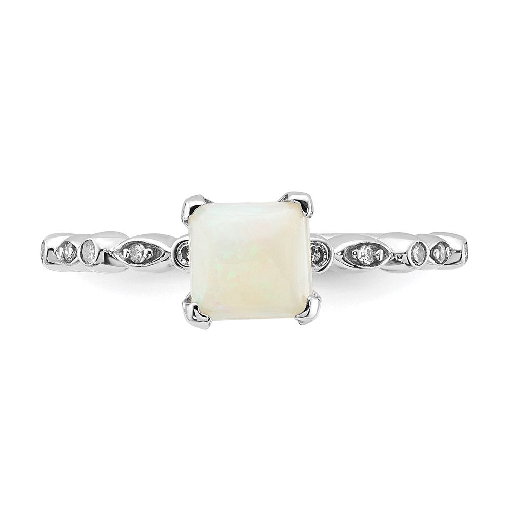 Sterling Silver Polished 6mm White Opal and Diamond Ring
