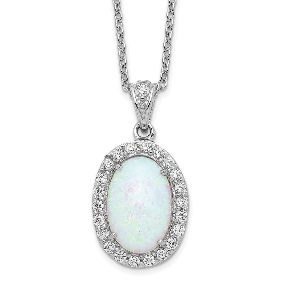 Cheryl M Sterling Silver Rhodium-plated Cabochon Lab Created Opal and Brilliant-cut CZ Oval Halo 18 Inch Necklace 18 Inches