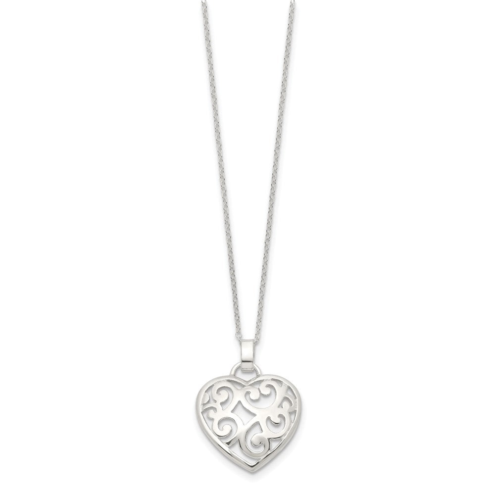 Sterling Silver Filigree Swirl Heart Necklace 18 Inches