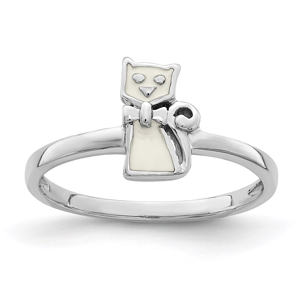 Sterling Silver Rhodium-plated Childs Enameled White Cat Ring