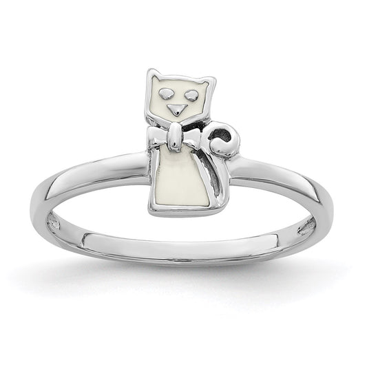 Sterling Silver Rhodium-plated Childs Enameled White Cat Ring