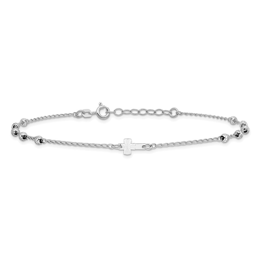 Sterling Silver Rhod-plated Diamond-cut Beads 9in Plus 1in Ext. Cross Ankle 9 inches