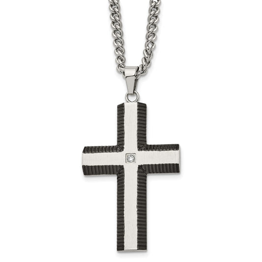 Stainless Steel Brushed and Polished Black IP w/CZ Cross Necklace