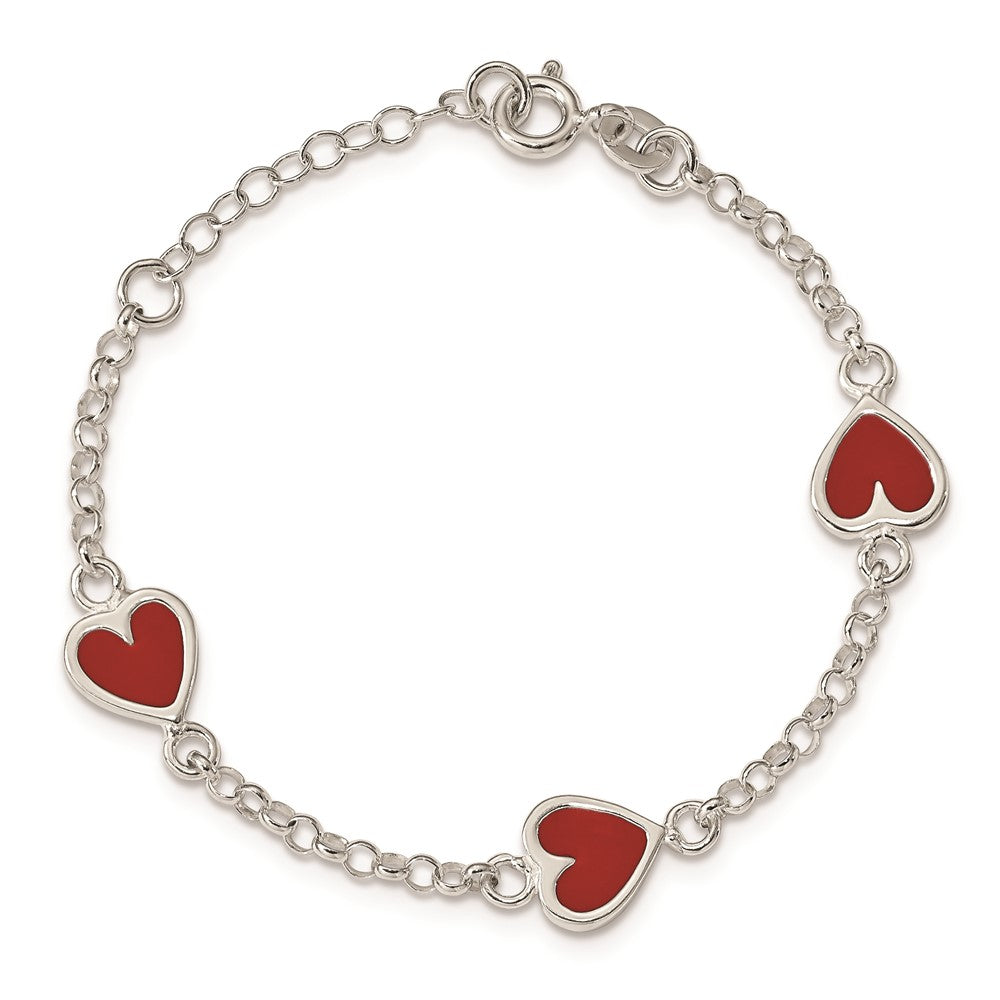 Sterling Silver Polished & Red Enamel Heart w/ 1in ext Children's Bracelet 6 inches