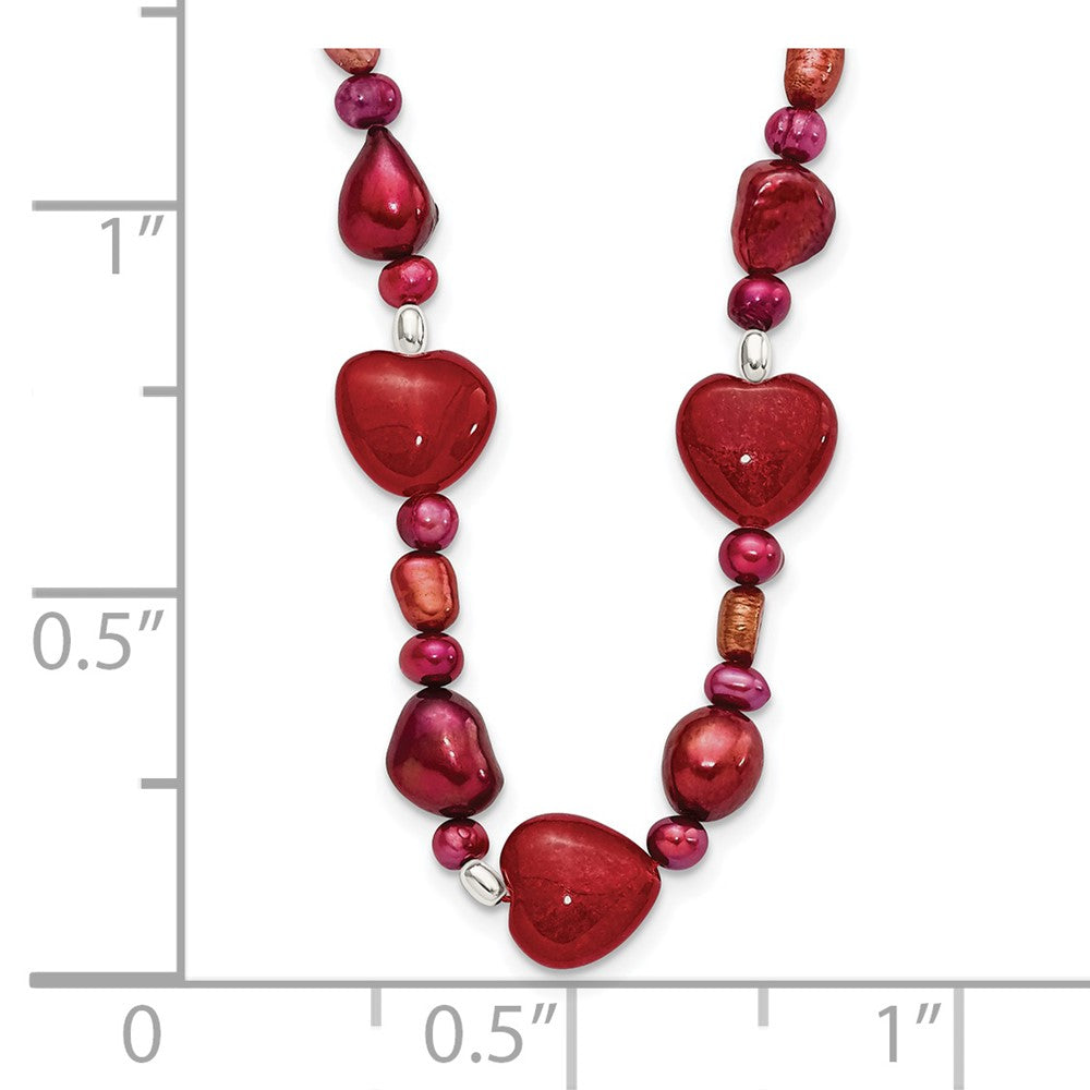 Sterling Silver Red Jade Hearts/FW Cultured Pearl Necklace 17 Inches